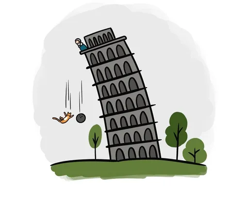 Galileo at the top of the Leaning Tower of Pisa.