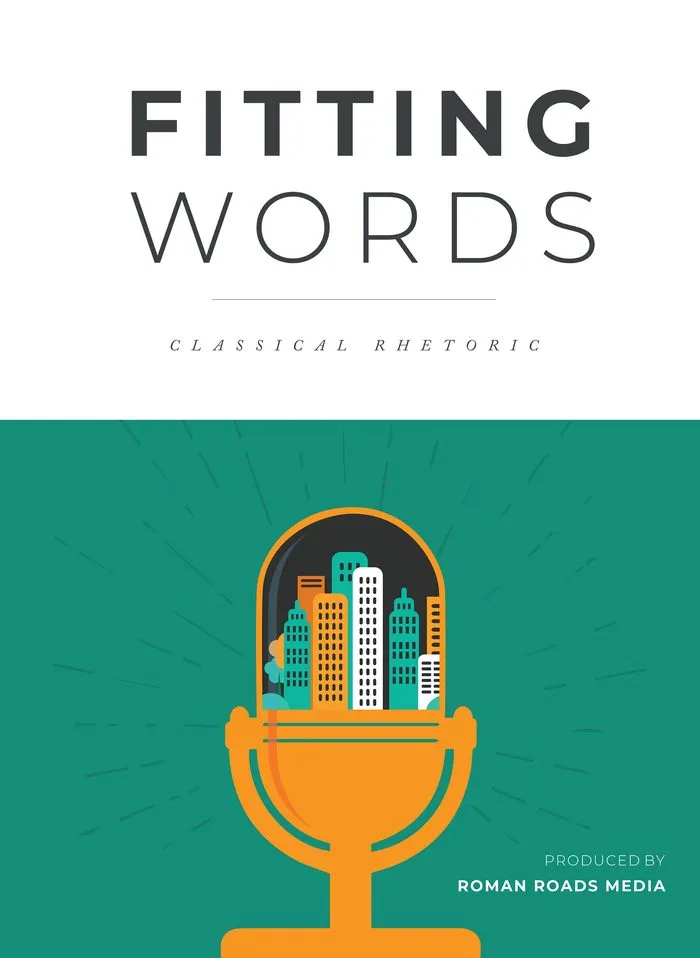 The cover of Fitting Words: Classical Rhetoric, an orange microphone holding a city skyline. See the curriculum.