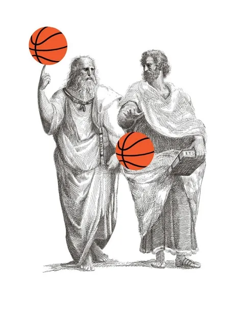 Plato and Aristotle with basketballs.