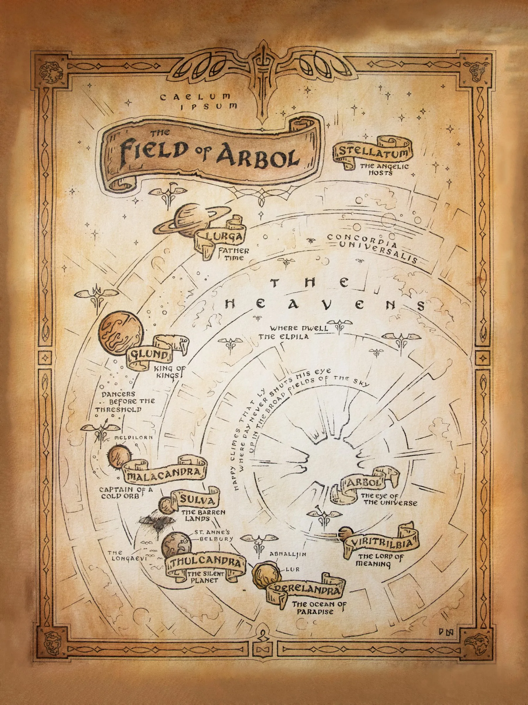 The Field of Arbol, the map of the Ransom Trilogy cosmology, painted by Joey Nance