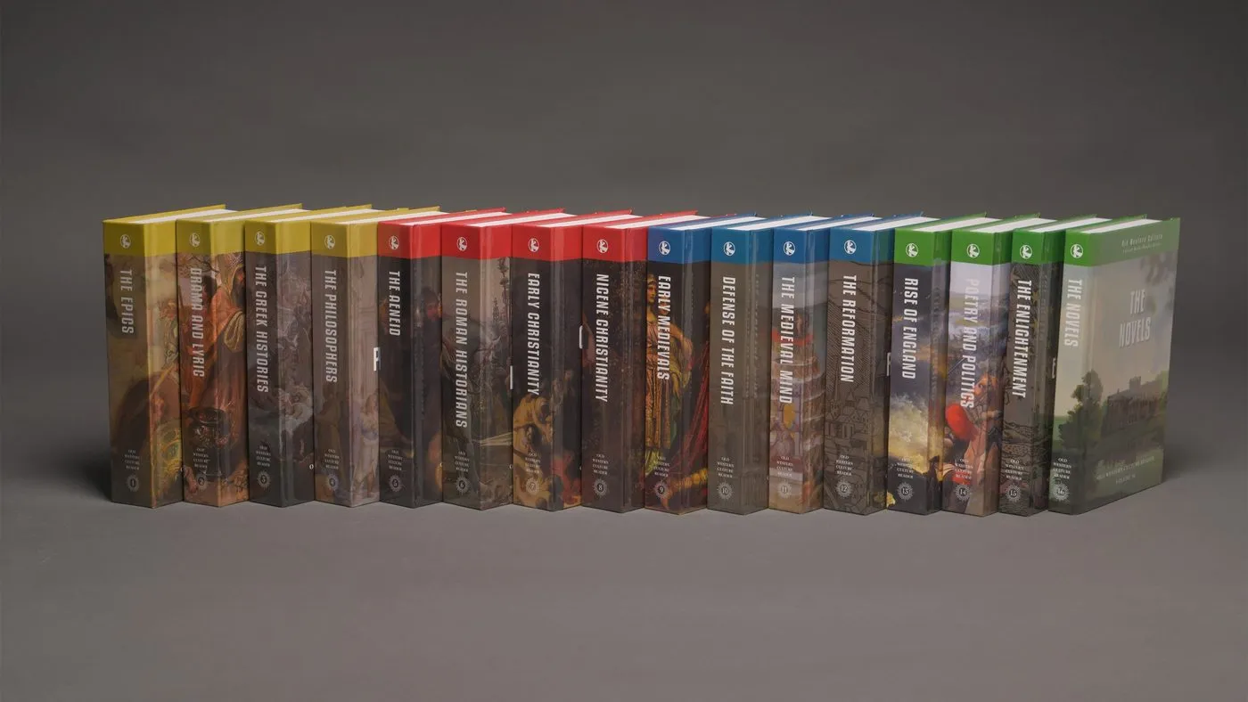The sixteen Old Western Culture Readers on a shelf