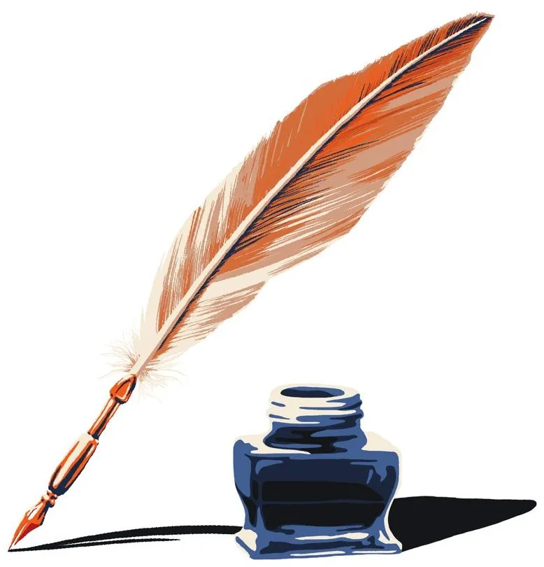 An orange quill and a bottle of ink, from the title page of Word Hoard