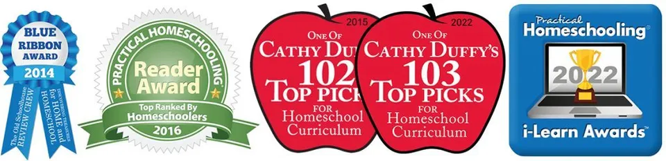 Awards: The Old Schoolhouse Blue Ribbon, Practical Homeschooling Reader Award, Cathy Duffy’s 102 and 103 Top Picks, Practical Homeschooling i-Learn Award
